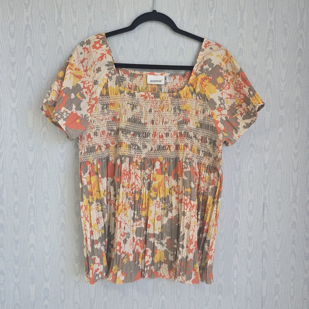 Avenue‎ Womens 14 16 Top Smocked Babydoll Gray Yellow Short Sleeve Peasant Boho